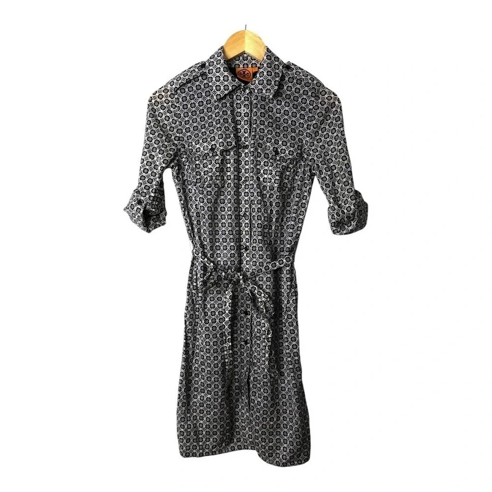 Tory Burch Cotton Shirt Dress Size 2 Geometric Print Roll Tab Sleeve Belted Mini